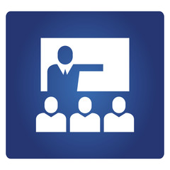 business people presenting on whiteboard icon in blue background