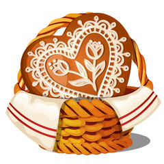 Sweet glazed gingerbread in a wicker basket isolated on white background. A traditional Russian delicacy. Vector cartoon close-up illustration.
