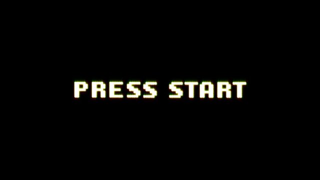 Press Start Game Ui Screen With Bad Glitch Effect/
Animation of a game ui start message with pixelated digital text blinking and dirty glitch and twitch effects
