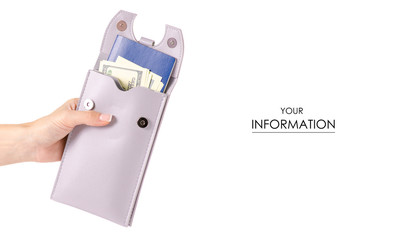 Female bag for passport documents mobile phone smartphone money dollars in hand pattern on white background isolation