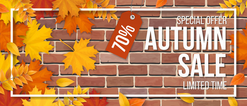 Autumn sale. Fallen maple leaves, frame and typographics on red brick wall background. Template for invitation, discount offer or flyer. Realistic detailed vector.