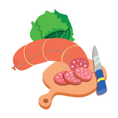 Vector illustration of sausage. Smoked sausage with fresh herbs.