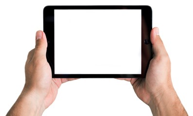 Hands Holding an iPad with Blank Screen