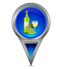 Map pointer with wine bottle, a glass of wine and grapes - illustration