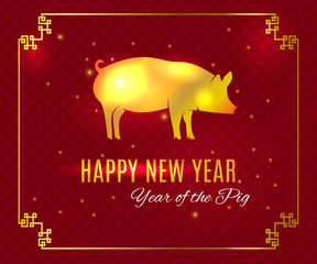 Fototapeta na wymiar Happy Chinese new Year 2019 greeting card on traditional oriental wave pattern background. Year of the Pig gold symbol silhouette on the Chinese calendar. Vector illustration with asian frame