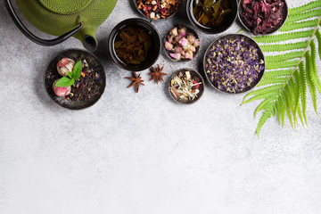 Various tea and teapot. Black, green and red tea