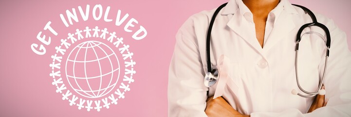 Composite image of get involved text with globe and human