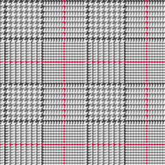   Glen Plaid Seamless Vector Pattern in Black and Gray with Red Overcheck Stripe. Prince of Wales Check. Trendy Classic High Fashion Print. 8x8 Check Houndstooth. Pixel Perfect Tile Swatch Included