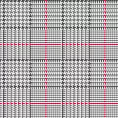 Papier peint Tartan Glen Plaid Seamless Vector Pattern en noir et gris avec bande Overcheck rouge. Chèque Prince de Galles. Impression de haute couture classique à la mode. 8x8 Vérifiez le pied-de-poule. Échantillon Pixel Perfect Tile inclus