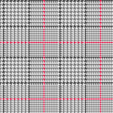 
Glen Plaid Seamless Vector Pattern in Black and Gray with Red Overcheck Stripe. Prince of Wales Check. Trendy Classic High Fashion Print. 8x8 Check Houndstooth. Pixel Perfect Tile Swatch Included