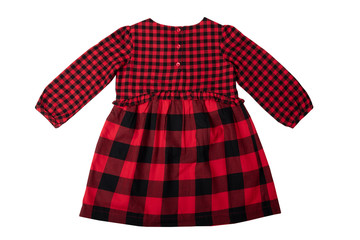 Clothes for children. A beautiful red and black checkered girl dress isolated on a white background. Children fashion. Back site.