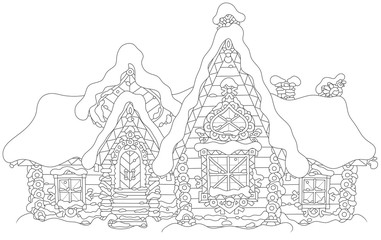 Decorated log house from a fairytale covered with snow, black and white vector illustration in a cartoon style