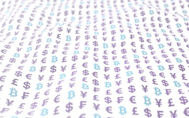 Bitcoin and currency on a white background. Digital crypto symbol. Wave effect, market fluctuations. Business concept. 3D illustration