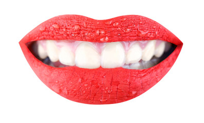 Fototapeta premium Red lips, beautiful makeup, sensual mouth, sexy lip, smile. Beauty sensual lips, beautiful lip, bright lipstick. Lipstick or lipgloss. Close up, macro with beautiful mouth, sensual makeup.