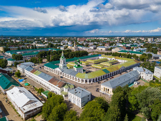 Aerial view to Kostroma city center with old trace buildings, churches at summer.