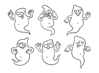Set of halloween ghosts.Vector isolated illustration. Can used for coloring book, printing on clothes, banners, posters, web design.