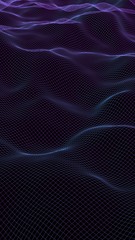 Abstract landscape on a dark background. Cyberspace navy blue grid. Hi-tech network. 3D illustration