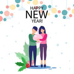 Happy new year, vector graphic design. Man and woman workers hold Christmas ball, mistletoe on the background.