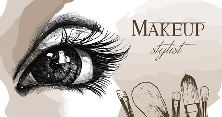 Vector hand drawn illustration of colorful women eye and makeup brushes. Concept for beauty salon, cosmetics label, cosmetology procedures, visage and makeup.