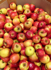 a lot of red apples in wooden box and brown paper in supermaket for sell.