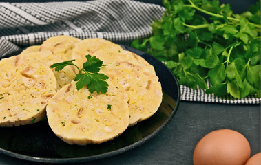 Carlsbad bread dumplings (German name is Serviettenknödel)..European menu.