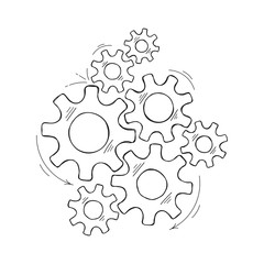 Mechanical gears vector sketch illustration. Cooperation concept hand drawn engine system with outline cog and gear signify human progress. Cogwheel graphic for pictogram template or web element