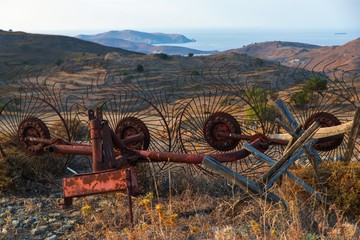North hilly countryside over rusted plov, Limnos.