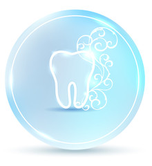 Beautiful dental symbol, round tooth icon with white abstract swirly flower on a delicate clean blue background