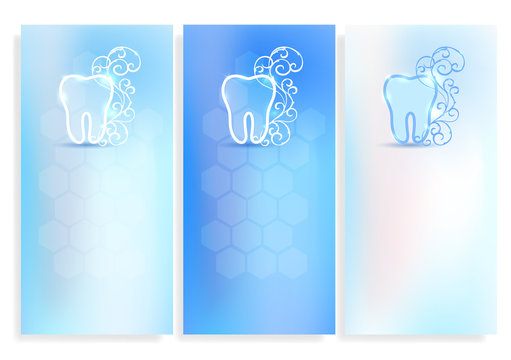 Set Of Beautiful Dental Blank Templates, Tooth Symbol With White Abstract Swirly Flower On A Delicate Clean Blue Background