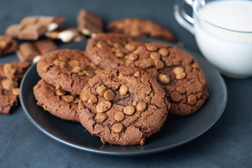 Chocolate chip cookies with cup of milk on dark table. close up