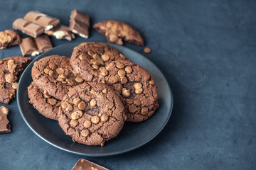 Chocolate chip cookies on dark table. close up