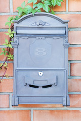 Gray old mailbox on brick wall with grapevine