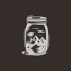 Travel T-Shirt Print. The mountains and river in jar design. Adventure silhouette printing, poster. Camping emblem, badge textured style. Typography hipster tee. Stock vector illustration on dark