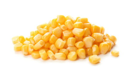 Tasty ripe corn kernels on white background