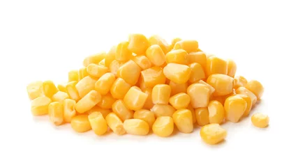 Foto op Canvas Tasty ripe corn kernels on white background © New Africa