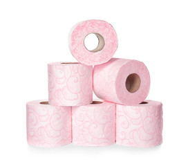 Color toilet paper rolls on white background