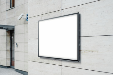 Blank white outdoor horizontal banner at modern building wall, 3d rendering.