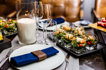 Gourmet Restaurant Food - Delicious Smoked Salmon and Vegetable Salad. Luxury Appetizer Restaurant Food