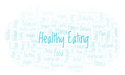 Fototapeta premium Word cloud with text Healthy Eating on a white background.