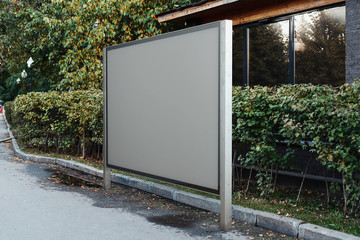 Blank banner stand at park. Empty outdoor billboard advertising. 3d rendering.
