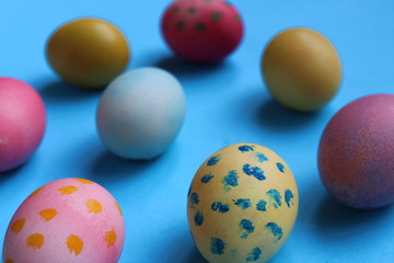 Easter chicken eggs are painted in different colors