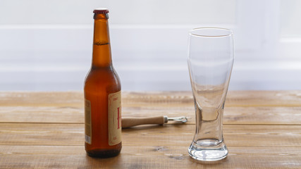 Beer. Cold Craft light Beer in a bottle.