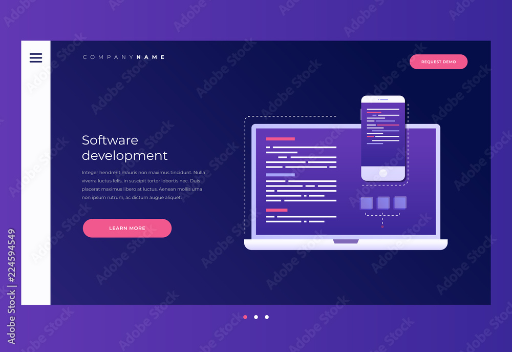 Poster title for website. homepage. сoncept of development and software. monitor with program code on scree