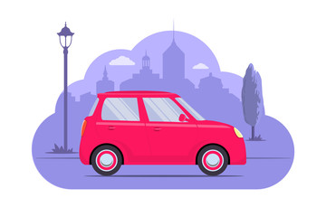 Cute car on city silhouette background. Pink car on purple monochrome background. Car concept illustration for app or website. Modern transport. Flat style vector illustration.