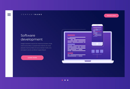 Title for website. Homepage. Сoncept of development and software. Monitor with program code on screen of laptop, tablet and smartphone. Digital industry. Great data processing. Vector illustration.