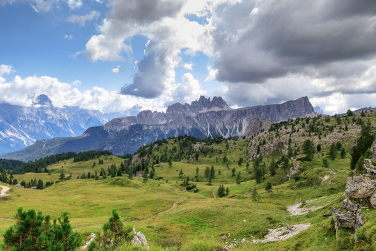 Italian Alps, panorama on the valley and the Croda da Lago mountain range.