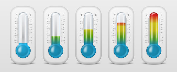 Vector realistic 3d celsius and fahrenheit meteorology, weather thermometer icon set closeup isolated on white background. Clip art, design template for graphics. Thermometers with different levels