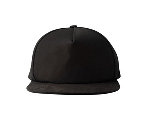 Front view of black snapback cap isolated on white background. Blank baseball cap or trucker hat
