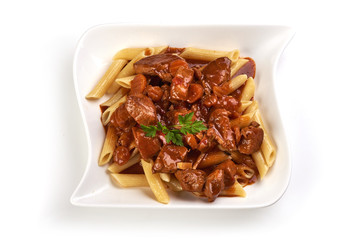 Pasta with goulash with parsley leaf, isolated on white background. Top view.