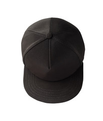 Top view of black snapback cap isolated on white background. Blank baseball cap or trucker hat